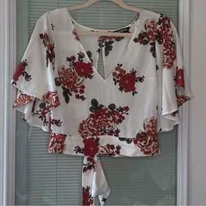 Express White Floral Tie-Back Crop Top with Red & Green Flowers